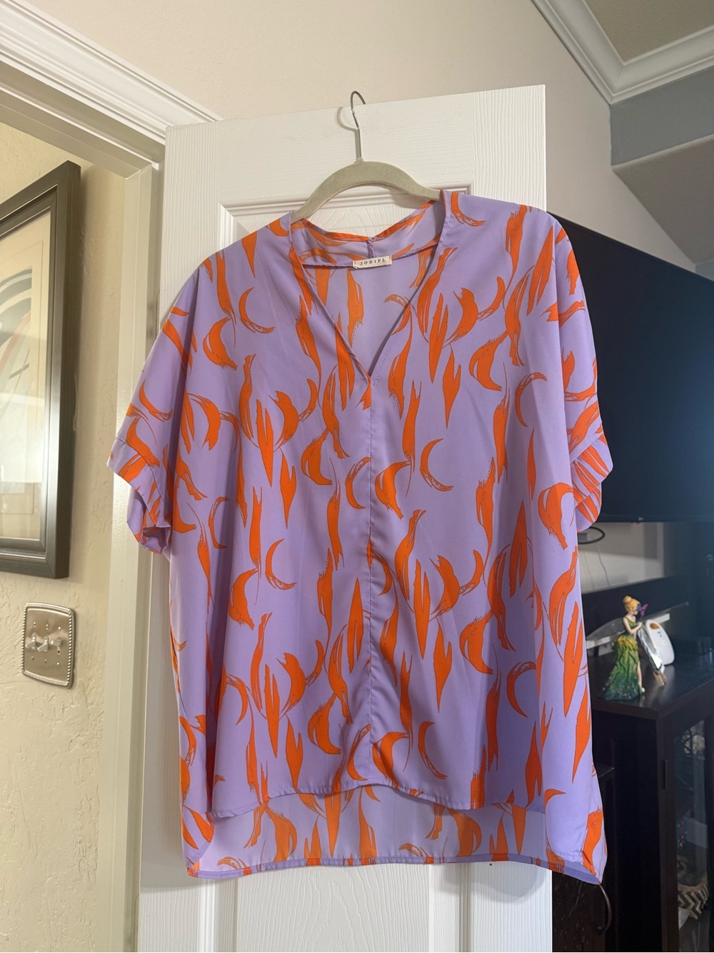 JODIFL Lavender Top with Orange Abstract Print